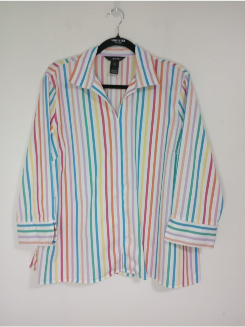 Ali Miles Womens Multicolor Striped Top Tunic 3/4-Sleeves Size L Cottom Blend